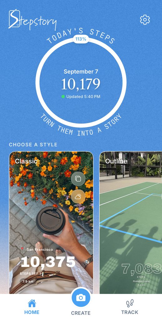 Stepstory Home screen showing today's step count and story styles