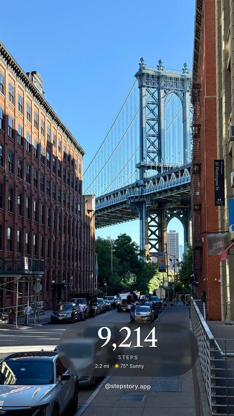 Stepstory story card: 9,214 steps over a Brooklyn street and the Manhattan Bridge