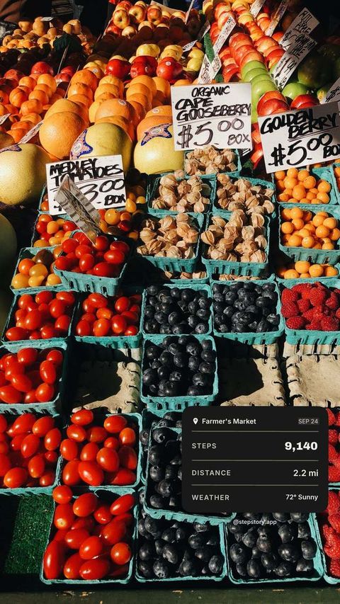 Stepstory story card: 9,140 steps as a stats card over a farmers market