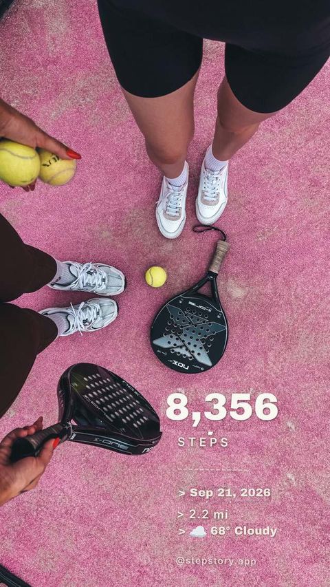 Stepstory story card: 8,356 steps with date and weather on a padel court